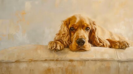 Thoughtful cocker spaniel, oil painting style, serene backdrop, soft glow, muted tones. 