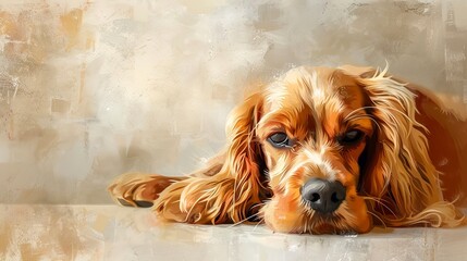 Thoughtful cocker spaniel, oil painting style, serene backdrop, soft glow, muted tones.