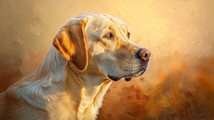 Loyal labrador, oil painting effect, sunset light, profile view, golden hues, expressive eyes. 