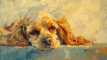 Thoughtful cocker spaniel, oil painting style, serene backdrop, soft glow, muted tones. - obrazy, fototapety, plakaty