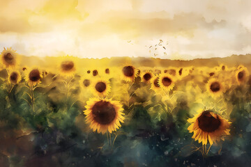 Mesmerizing watercolor of a sunflower field at dawn, evoking warmth with golden yellows and greens. Soft morning light infuses energy.