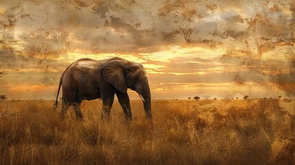 Lone elephant in savannah, oil paint style, golden hour, vast view, rich textures, serene mood. 