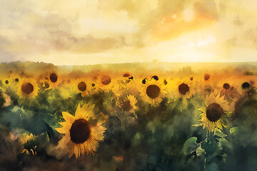 Mesmerizing watercolor of a sunflower field at dawn, evoking warmth with golden yellows and greens. Soft morning light infuses energy.