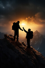 Hiker helping his friend reach the mountain top at sunset