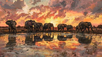 Elephant herd at waterhole, oil paint feel, sunset glow, panoramic view, warm palette, peaceful. 