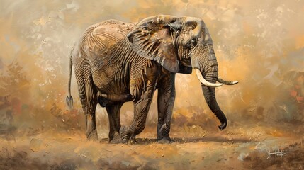Matriarch elephant, oil painting style, dignified pose, soft backlight, muted earth tones. - obrazy, fototapety, plakaty