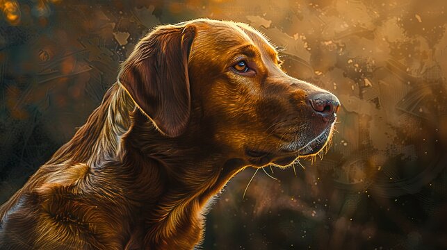 Loyal labrador, oil painting effect, sunset light, profile view, golden hues, expressive eyes. 