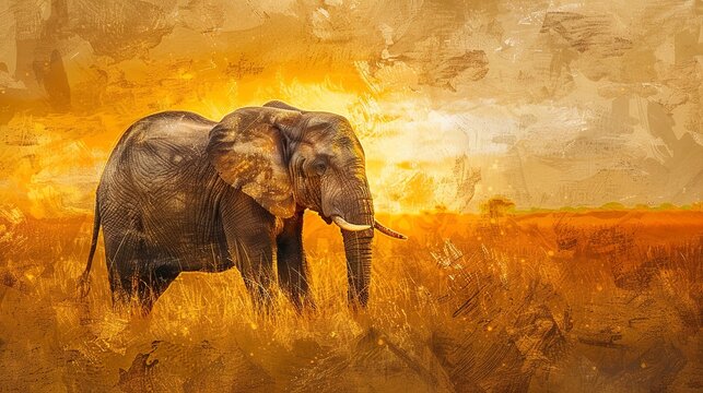 Lone elephant in savannah, oil paint style, golden hour, vast view, rich textures, serene mood. -