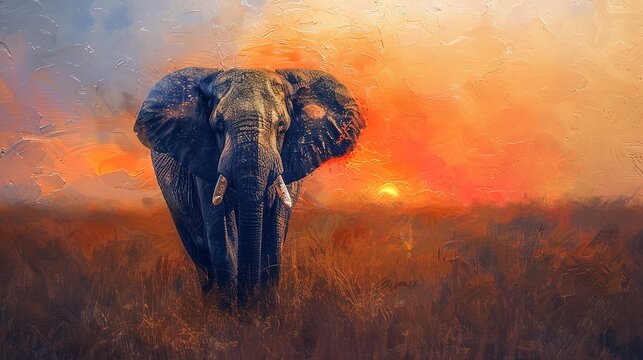 Majestic elephant at dusk, oil painting effect, soft horizon light, warm tones, gentle gaze. 
