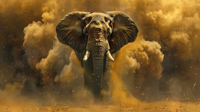 Charging elephant, oil painting effect, high drama, dust clouds, intense focus, dramatic lighting.
