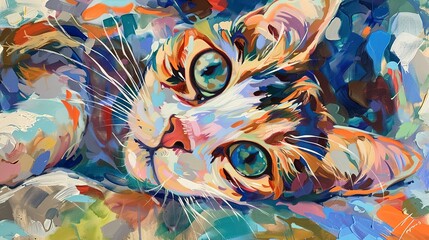 Whimsical calico cat, oil paint style, playful angle, bright and airy, colorful patterns.
