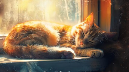Contented cat in window, oil painting effect, lazy afternoon, warm sunbeam, tranquil scene. 