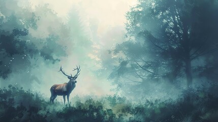 Majestic stag in misty forest, oil painting effect, dawn light, serene aura, soft greens. 