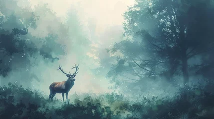 Foto op Aluminium Majestic stag in misty forest, oil painting effect, dawn light, serene aura, soft greens.  © Thanthara