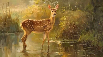 Graceful doe by riverside, oil paint style, gentle morning glow, tranquil pose, reflective water. 