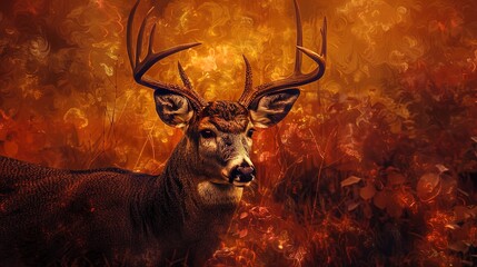 Alert buck, oil painting effect, autumn dusk, rich fall colors, dynamic angle, textured fur. 