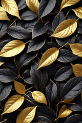 Black and gold leaves seamless pattern. Floral background. 3d render illustration