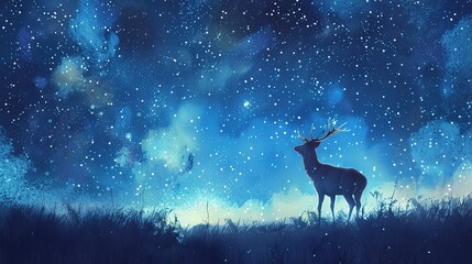 Solitary deer under starry sky, oil painting effect, mystical night, cool blues, gentle luminescence.  - obrazy, fototapety, plakaty