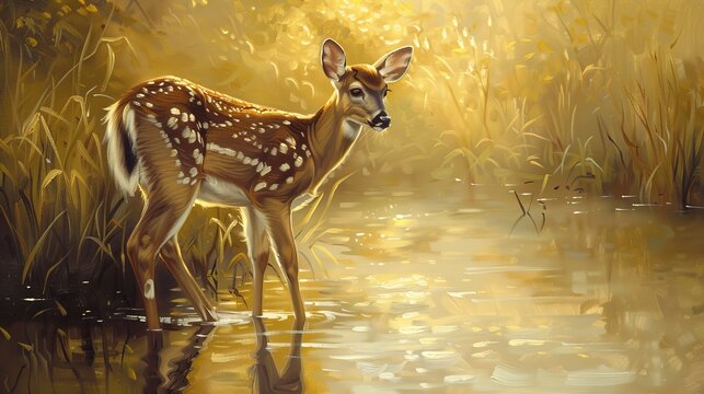 Graceful doe by riverside, oil paint style, gentle morning glow, tranquil pose, reflective water.