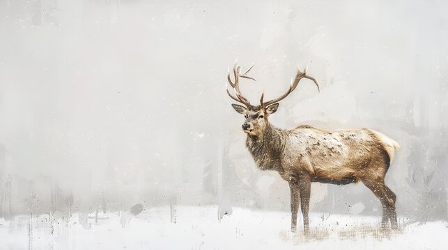 Noble deer in snow, classic oil paint technique, winter white backdrop, subtle shadows, cool tones.