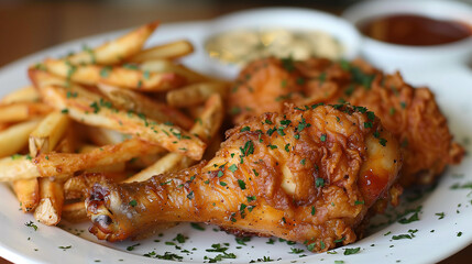 grilled chicken wings, legs and thighs with fries - obrazy, fototapety, plakaty