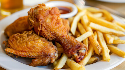 fried chicken wings, legs and thighs with fries - obrazy, fototapety, plakaty