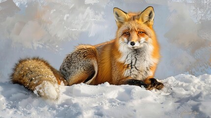 Cunning red fox in snow, oil painting effect, soft dawn light, pristine white, alert stance.