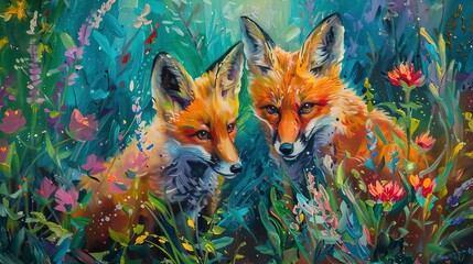 Playful fox cubs, oil paint style, spring meadow, vibrant flowers, joyful exploration, bright colors. 