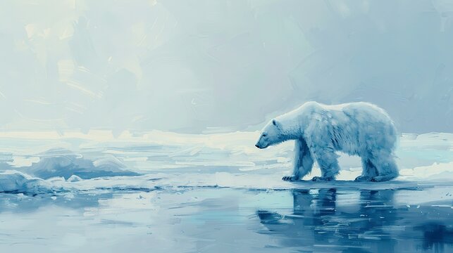 Wandering polar bear, oil paint style, icy expanse, muted blues, solitary journey, crisp air. 