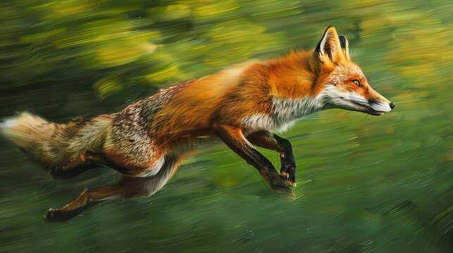 Graceful fox leaping, dynamic oil painting style, action shot, vivid greens, motion blur, lively. 