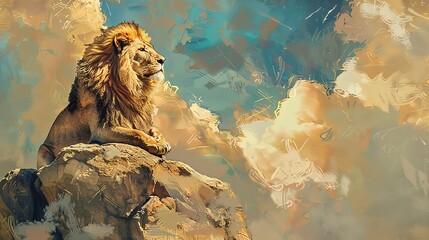 Noble lion, oil paint effect, atop rocky outcrop, commanding view, dramatic sky, deep shadows.  - obrazy, fototapety, plakaty