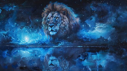 Solitary lion, dynamic oil painting look, under starry sky, cool blues, reflective mood.  - obrazy, fototapety, plakaty