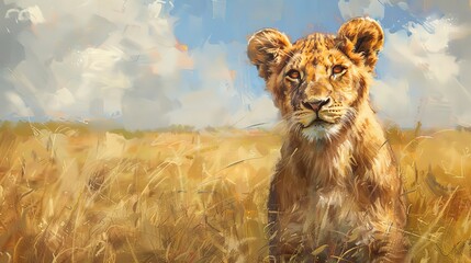Young lion, oil painting style, exploring grasslands, curious look, bright daylight, detailed fur. - obrazy, fototapety, plakaty