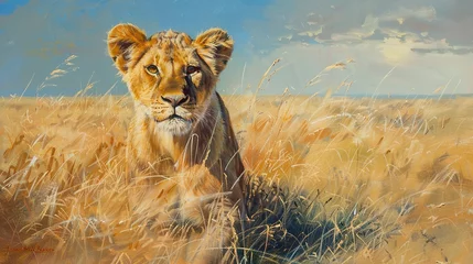 Foto op Canvas Young lion, oil painting style, exploring grasslands, curious look, bright daylight, detailed fur. © Thanthara