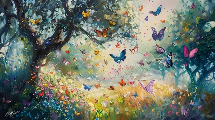 Tuinposter Grunge vlinders Swarming butterflies in meadow, oil paint style, sunlight through trees, myriad colors, lively dance. 