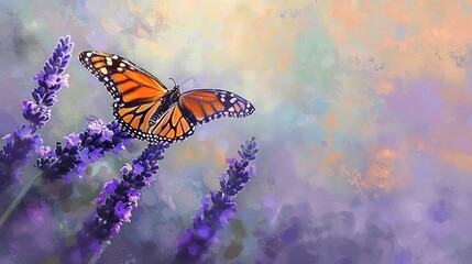 Monarch butterfly on lavender, oil painting effect, soft morning light, vibrant purples, delicate wings. 