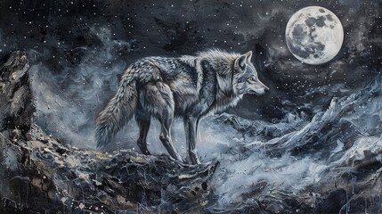Solitary wolf, classic oil painting technique, moonlit night, silver hues, mystical gaze.