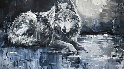 Naklejka premium Solitary wolf, classic oil painting technique, moonlit night, silver hues, mystical gaze.