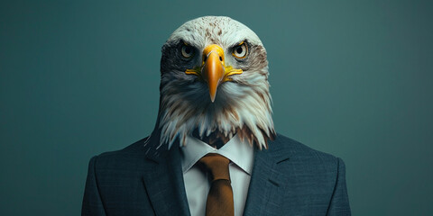 Majestic bald eagle dressed in a formal suit and tie against a dark background, symbolizing power and elegance