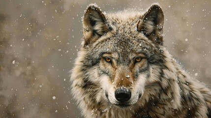 Elder wolf, classic oil painting look, wisdom in eyes, snowflakes on fur, soft grays, dignified age. - obrazy, fototapety, plakaty