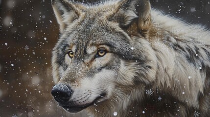 Elder wolf, classic oil painting look, wisdom in eyes, snowflakes on fur, soft grays, dignified age.