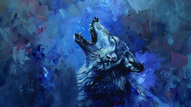 Alpha wolf howling, oil paint style, dusk light, commanding presence, deep blues, powerful aura. 