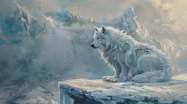 Majestic white wolf, oil painting style, stark contrast, icy landscape, regal posture, serene beauty. 