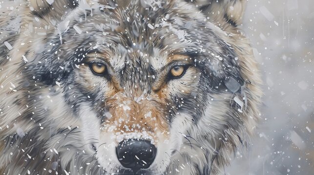 Elder wolf, classic oil painting look, wisdom in eyes, snowflakes on fur, soft grays, dignified age. 