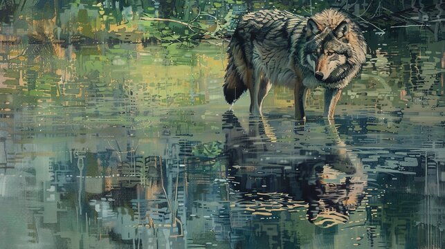 Wolf by river, oil painting effect, reflective water, cool blues and greens, tranquil moment, natural grace.