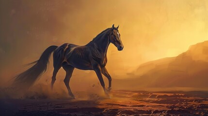Arabian horse in desert, classic oil painting look, sunset silhouette, warm oranges, elegant posture.