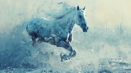 Galloping horse in snow, dynamic oil painting effect, flurry of white, sense of freedom, crisp blues.  - obrazy, fototapety, plakaty