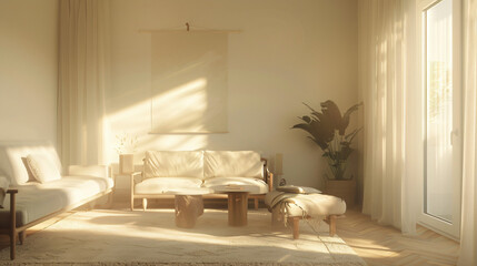 Fototapeta na wymiar Minimalist Living Room: Neutral Color Palette and Scandinavian Furniture