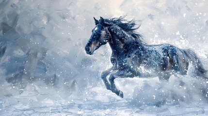 Obraz premium Galloping horse in snow, dynamic oil painting effect, flurry of white, sense of freedom, crisp blues. 