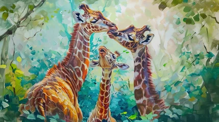Zelfklevend Fotobehang Playful giraffe calves, oil paint style, soft morning light, joyful antics, lush greens, gentle scene.  © Thanthara